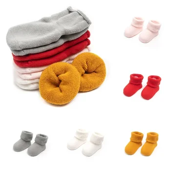1 Пара теплых носков для новорожденных, простые однотонные носки для малышей, осень-зима, утепленные плюшевые детские носки для сна,