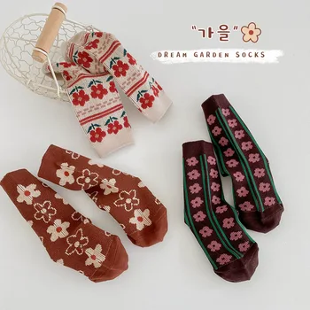 2023 Зимние носки для девочек с винтажным рисунком из мелких цветов, теплые носки для телят с двойной иглой, детские Носки с медведями для мальчиков