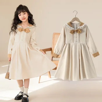 2023 Корея, осенне-весеннее детское платье, платья с длинными рукавами для девочек младшего возраста, цельное платье для девочек младшего возраста, платья для девочек младшего возраста