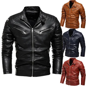 2023 Мужское осенне-зимнее кожаное пальто из однотонной искусственной кожи, мотоциклетная одежда, плюшевая куртка