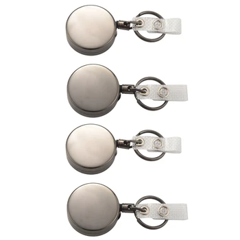 4 упаковки Сверхмощной выдвижной катушки для бейджа, металлический держатель для бейджа с зажимом для ремня, кольцо для ключей, черный