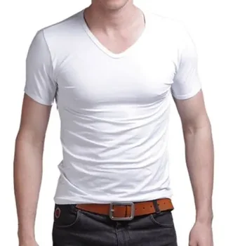 B4911 Летняя футболка с горячей распродажей, новые мужские топы с V-образным вырезом, футболка, приталенная, с коротким рукавом, однотонная повседневная футболка