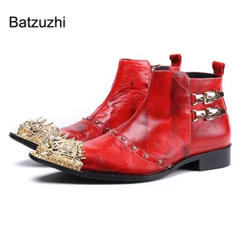 Batzuzhi/ Модные Мужские Ботинки в Западном стиле, Обувь Нового Дизайна, Золотистый Металлический Носок, Красные Короткие Ботинки Из Натуральной Кожи, Мужские Вечерние Ботинки На молнии, Botas Hombre