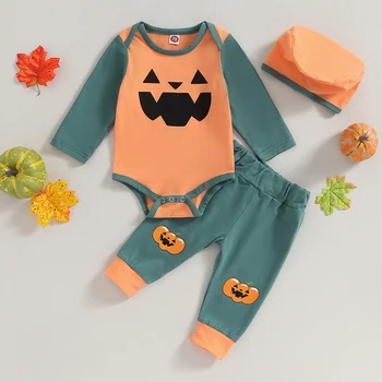 BeQeuewll Комплект штанов для маленьких мальчиков, комбинезон с длинными рукавами и принтом гримасы, спортивные штаны с принтом тыквы и шляпа, одежда для Хэллоуина