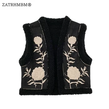 ZATRHMBM Женщины 2023 Новая мода, вышитый двусторонний кардиган, жилет, Укороченный женский жилет, куртка, женские уличные топы