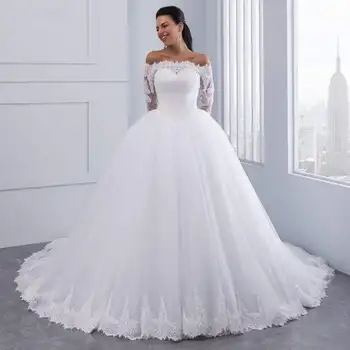 Белое свадебное платье, бальное платье, Элегантный Вышитый Цветок, Большой кружевной шлейф, свадебное платье с длинным рукавом, свадебное платье для новобрачных