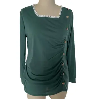 Блузка с Кружевным вырезом, Шикарные Осенние Блузки, Приталенный Кружевной Вырез, Плиссированный Дизайн для Женской Уличной Одежды, Модная Повседневная футболка
