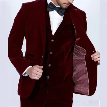 Бордовый бархатный мужской костюм, блейзер, куртка из 3 предметов, брюки, жилет, однобортный пиджак с отворотом, официальный свадебный комплект, мужская одежда для жениха