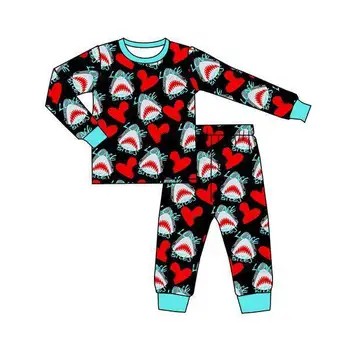 Бутик-детский комплект на День Святого Валентина, брюки с длинными рукавами и принтом акулы в виде сердца, пижамный комплект для девочек и мальчиков, детский комбинезон на молнии