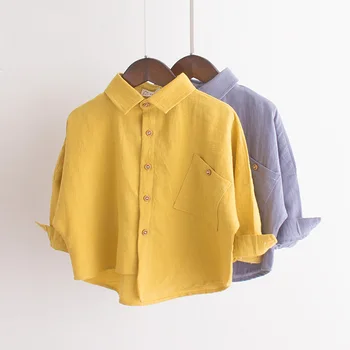 Весенне-осенняя рубашка для мальчиков, повседневные хлопковые детские топы с карманами, верхняя одежда, детская блузка с длинными рукавами, рубашка BC370
