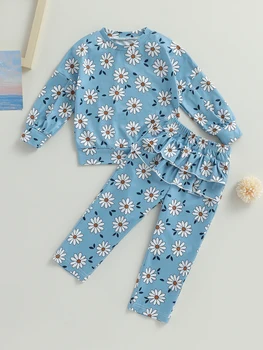 Весенний наряд из 2 предметов для маленькой девочки, топ с круглым вырезом и длинными рукавами с цветочным принтом и многослойные брюки с рюшами