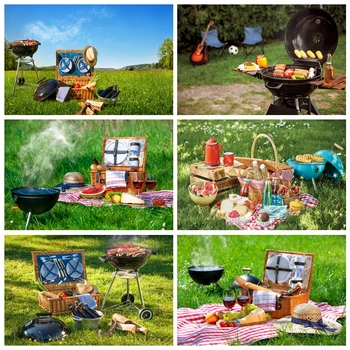 Весенний пикник на лугу Барбекю Фон для фотосессии Фотофон Портретный декор Фон для фотосъемки Фотостудия