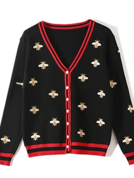 Высококачественный модный дизайнерский кардиган с вышивкой Пчелой, длинный рукав, Однобортный вязаный свитер на пуговицах контрастного цвета