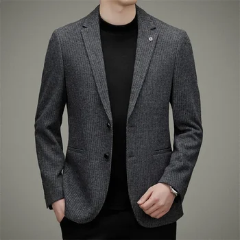 Высококачественный серый модный новый мужской блейзер, официальный деловой повседневный элегантный пиджак, мужская хлопковая куртка в полоску, плотное пальто