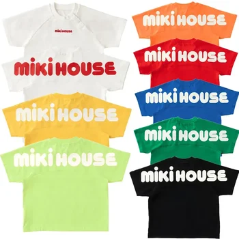 Детская футболка, дизайн японского бренда 2022 года, для девочек, однотонный, с простыми буквами, многоцветный, с короткими рукавами, хлопковая одежда для мальчиков
