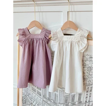 Детское платье 2023, Летний Хлопковый сарафан с летящими рукавами для девочек, кружевное Повседневное платье принцессы, Однотонное Новое Модное платье для девочек