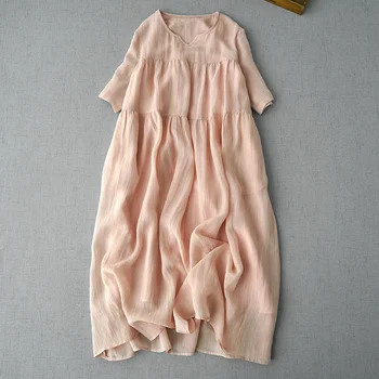 Женская летняя новинка, текстурированное платье Ramie с короткими рукавами, широкий льняной халат, художественная однотонная льняная юбка