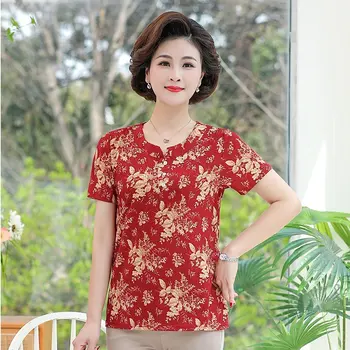 Женская летняя одежда 2022, футболка с коротким рукавом и круглым вырезом с цветочным рисунком, футболки для мам среднего возраста, женский топ