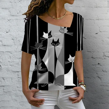 Женская футболка с изображением аниме-кота, одежда для отдыха, летние футболки с V-образным вырезом и коротким рукавом, женская уличная одежда в стиле харадзюку, блузка оверсайз