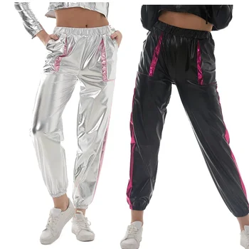 Женские блестящие металлизированные брюки, лоскутный хип-поп костюм, танцевальные брюки, искусственная кожа свободного кроя, брюки с высокой талией, однотонная уличная одежда