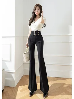 Женские весенние брюки в корейском стиле с драпировкой и высокой талией, эластичные брюки микрореглан, модные и универсальные узкие брюки в пол D4510