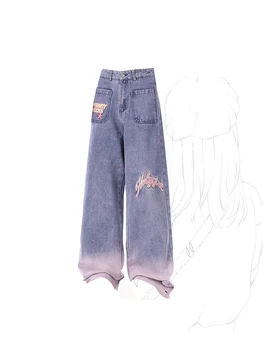 Женские винтажные джинсы с широкими штанинами, модные эстетичные джинсовые брюки с градиентом 90-х, Harajuku 2000-х, мешковатые джинсовые брюки с высокой талией, одежда
