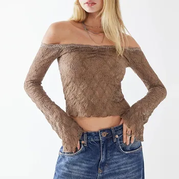 Женские кружевные укороченные топы Fairy Grunge, прозрачные блузки с открытыми плечами и длинным рукавом, модные сетчатые облегающие однотонные пуловеры Y2k