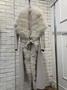 Женское двустороннее шерстяное пальто 2023 года выпуска со съемным пушистым воротником из натурального лисьего меха в европейском стиле feamel, длинная шерстяная верхняя одежда, парка