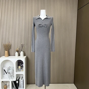 Женское Ретро Элегантное темпераментное вязаное платье-свитер, зимнее теплое однотонное облегающее платье с длинным рукавом
