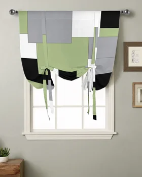 Зеленый Черный Серый Лоскутное Абстрактное искусство, Кухня, Короткая занавеска На окне, Современный домашний декор, Маленькое окно, Римские шторы на завязках.