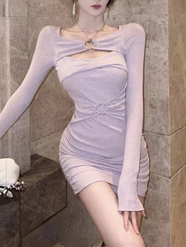 Зимнее фиолетовое Винтажное вязаное платье Женское Открытое вечернее мини-платье Elengat, женское Корейское модное сексуальное платье-свитер, новинка 2023 года