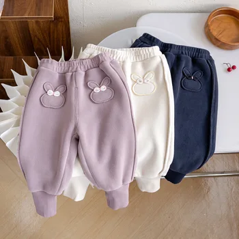 Зимние штаны для маленьких девочек с милым кроликом, утепленные бархатные штаны-шаровары для девочек, детские повседневные брюки с эластичной резинкой на талии