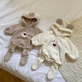 Зимний комбинезон с капюшоном для новорожденных девочек и мальчиков, флисовый комбинезон + штаны, боди с милым мишкой для малышей, одежда для малышей 3-18 м
