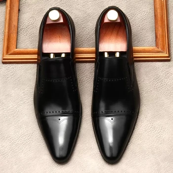 Итальянская Черная кожаная модельная обувь Мужская Свадебная обувь из натуральной кожи С острым носком, Формальные Роскошные Лоферы, Модные Оксфордские туфли без застежки