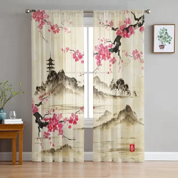 Китайский стиль, Рисование тушью, Цветы, Пейзаж, Тюль, Прозрачные занавески для гостиной, Занавеска для окна спальни, шторы из вуали и органзы