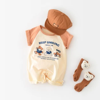 Комбинезон для маленьких мальчиков с мультяшным медведем от 0 до 2 лет, лоскутный Тонкий Хлопковый комбинезон с короткими рукавами для маленьких девочек, Летняя Корейская детская одежда 2023 г.