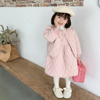 Комплект детской одежды 2023, Зимняя хлопчатобумажная куртка для девочек в корейском стиле, повседневное простое однотонное модное пальто, платье, комплект из двух предметов