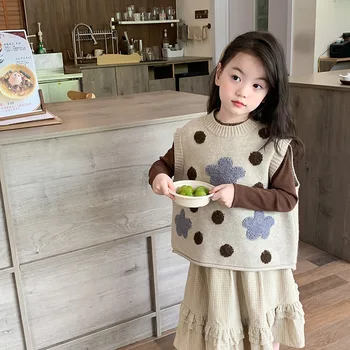 Комплект детской одежды Для маленьких девочек, повседневный жилет в корейском стиле, осенний винтажный вязаный жилет в цветочек и горошек, майка, комплект юбок