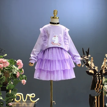Комплекты одежды для девочек с милым единорогом на 3, 4, 5, 6, 7 лет, хлопковый свитер и сетчатые юбки, костюм маленькой принцессы из 2 предметов, Рождественская детская одежда