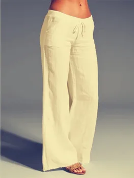 Летние женские брюки 2022 года, винтажные однотонные хлопковые льняные брюки с эластичной резинкой на талии, повседневные Женские Свободные широкие брюки