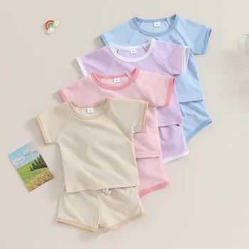 Летние комплекты одежды для малышей, маленьких мальчиков и девочек, однотонные клетчатые футболки с короткими рукавами + шорты с эластичной резинкой на талии, повседневные спортивные костюмы