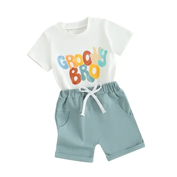 Летняя одежда для маленьких мальчиков, футболка с короткими рукавами и буквенным принтом, комплект эластичных повседневных шорт для младенцев