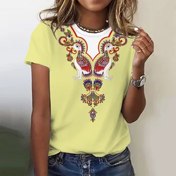Летняя футболка с круглым вырезом и этническим рисунком, повседневная уличная одежда с коротким рукавом, сексуальный женский топ в этническом стиле