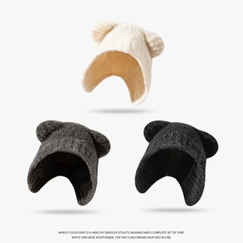 Маленький медведь ухо шляпа женский осень и зима милый показывают лица небольшая теплая защита уха вязаная шапка универсальный внешний шерстяные шляпы