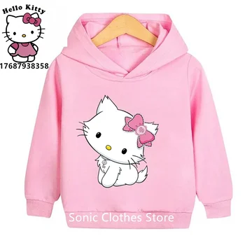 Мода для девочек Kawaii Пуловер с рисунком Hello Kitty Толстовки Спортивная толстовка Пальто Одежда для маленьких мальчиков Kuromi Sudaderas Детская одежда для девочек