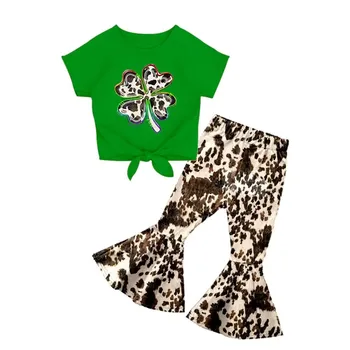 Модная детская одежда, наряды St. Parker, зеленый клевер, коровы с коротким рукавом, расклешенные брюки для девочек, комплекты для девочек