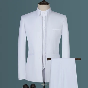 Модный мужской повседневный бутик 2023, Белый костюм-стойка с воротником в китайском стиле, комплект из 3 предметов, Приталенные блейзеры, куртка, пальто, Брюки, жилет