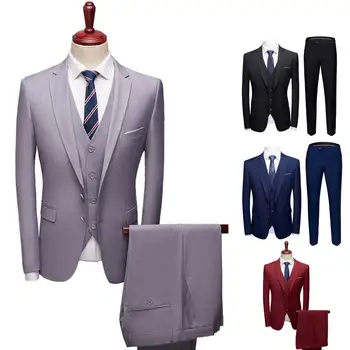 Модный мужской повседневный деловой костюм 2022, комплект из 3 предметов, Тонкий Плюс Размер, Однотонные прямые брюки, костюм для свадебной вечеринки