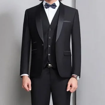 Модный черный костюм для мужчин, приталенный, однобортный, с отворотом в виде шали, удобный праздничный пиджак из 3 предметов, Брюки, жилет, Свадебный мужской блейзер