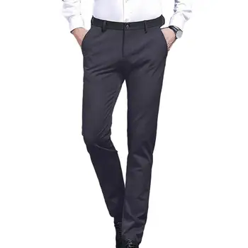 Мужские костюмные брюки Прямые, тонкие, с карманами против морщин, с высокой талией, Эластичные, гладкие, тонкие деловые брюки 한국 가을옷